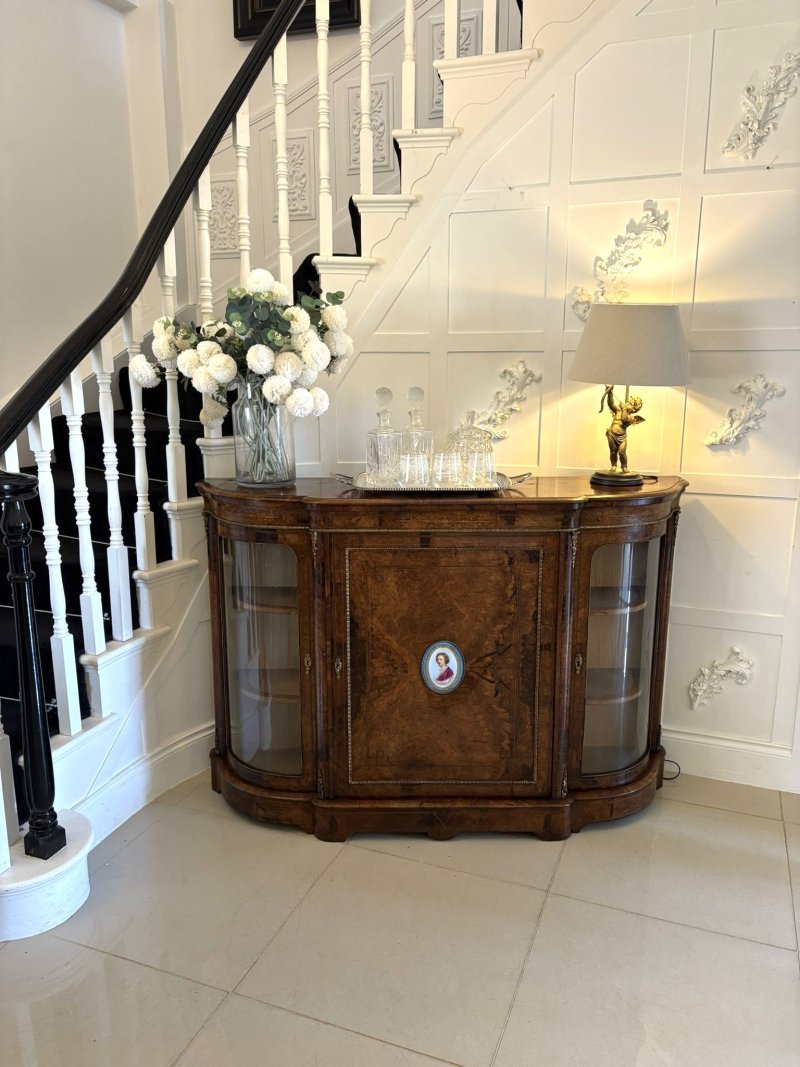 Outstanding Quality Antique Victorian Inlaid Burr Walnut Porcelain Mounted Credenza - Image 2